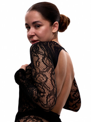 Чорний комбінезон із сітки з квітковим принтом для танців